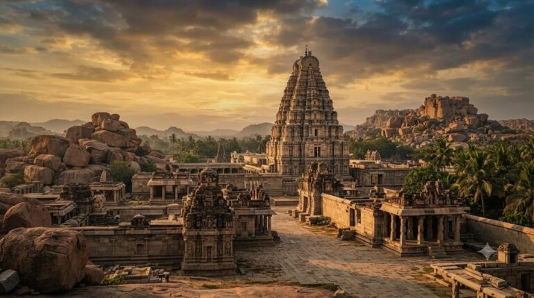 Hampi’s Architectural Marvels: The Virupaksha Temple, Stone Chariot, Musical Pillars, and Sacred Geometry